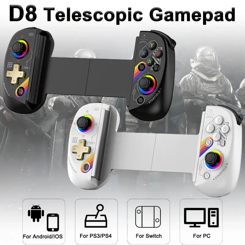 Manette Sans Fil Télescopique D8 pour Téléphone Android et iOS - Joystick avec Turbo, Gyroscope 6 Axes, Vibration, Bluetooth 5.2, Lumière RGB - Compatible PS3, PS4, Switch et PC