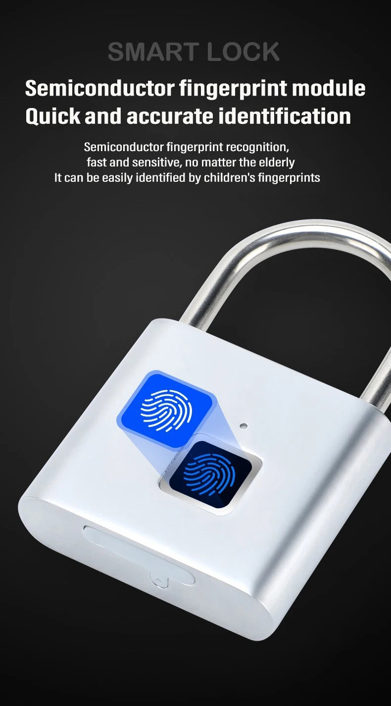 Cadenas Intelligent Biométrique Empreinte Digital, Verrou Porte Sécurisé sans Clé, USB Rechargeable, Étanche