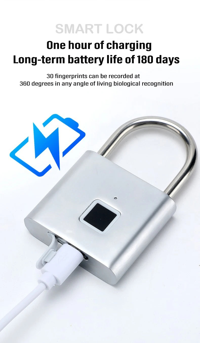 Cadenas Intelligent Biométrique Empreinte Digital, Verrou Porte Sécurisé sans Clé, USB Rechargeable, Étanche